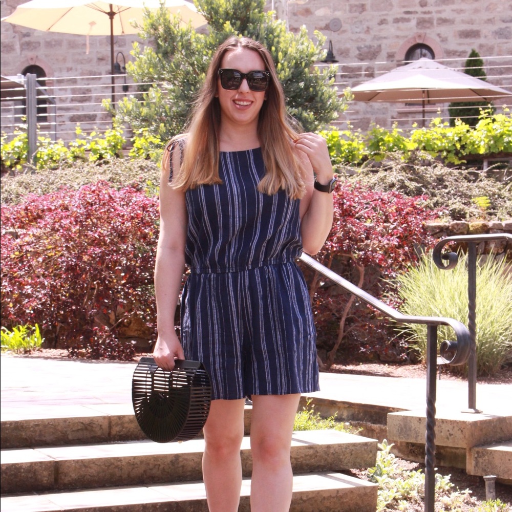 Navy Stripe Linen Cotton Blend Sleeveless Romper